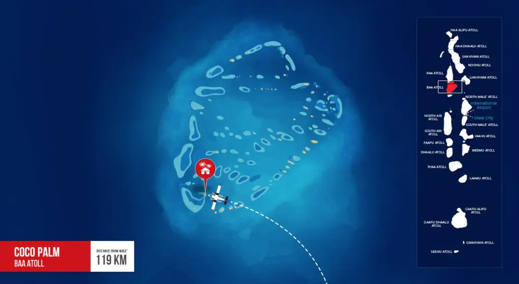 Detailed map showing the seaplane route to Coco Palm Baa Atoll from Male' City. Features include a vivid blue ocean, top-down view of an atoll, a dotted line tracing the flight path, a red pin at the destination, and a seaplane icon at Male'. A list of Maldivian atolls, highlighting Baa Atoll, is on the right side.