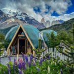 Welcome dome entrance at eco-camp with mountain backdrop