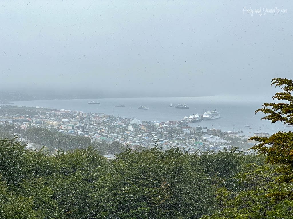 Snowfall over Ushuaia, partially obscuring the town, harbor, and docked ships, with trees in the foreground.