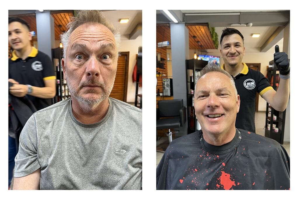 Before and after barber visit: a man with a surprised expression and disheveled hair in the first photo, followed by a clean, fresh haircut with a smiling barber giving a thumbs-up in the second.