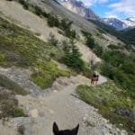 Horseback riding on a narrow mountain trail with scenic views