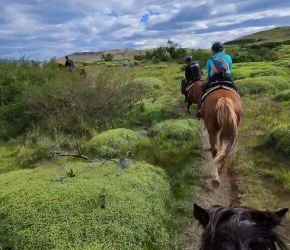 Group horseback riding through grassy hills under cloudy sky"