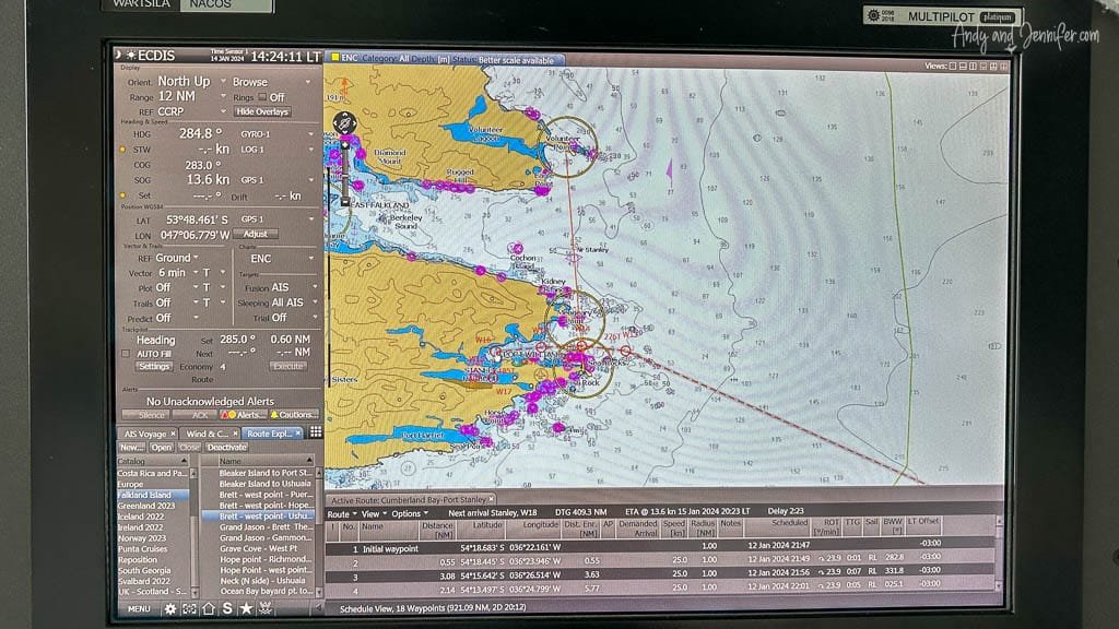 Electronic navigational chart displayed on a ship's control panel, showing a detailed maritime route with coordinates, speed, and waypoints.