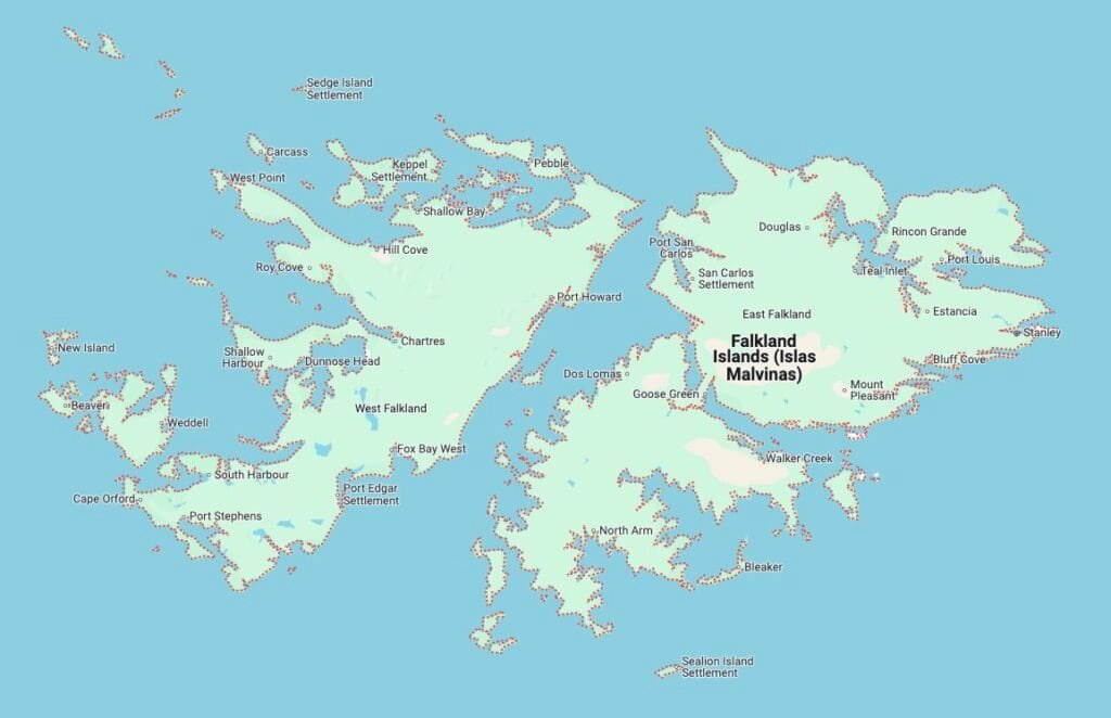 Map of the Falkland Islands (Islas Malvinas), showing labeled settlements, coastal areas, and major geographic features across West Falkland and East Falkland.