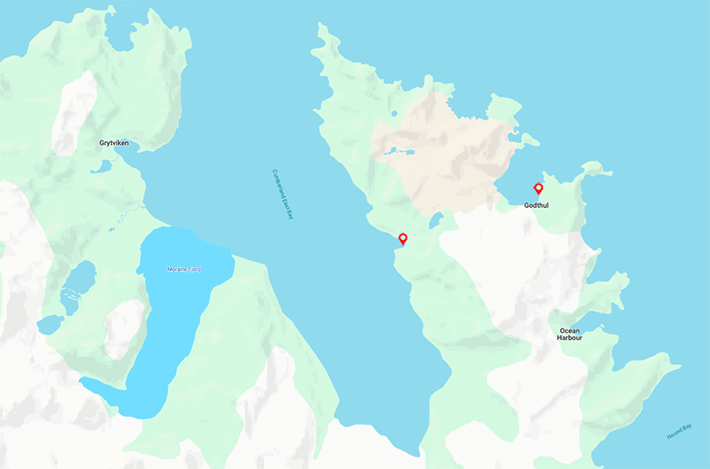 Map showing South Georgia Island's Cumberland Bay, with key locations marked including Grytviken, Godthul, Maiviken Fjord, and Ocean Harbour.