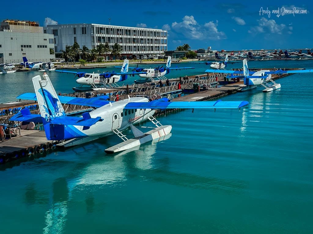Docked seaplanes at the seaplane terminal in Male, Maldives.