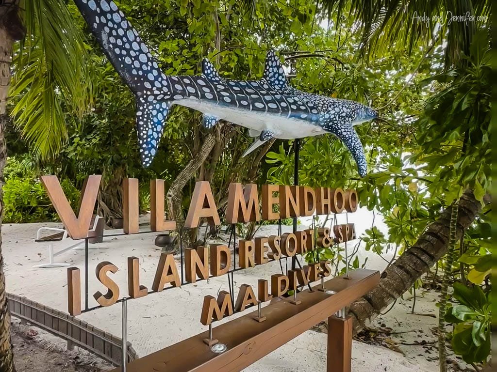 Vilamendhoo Island Resort & Spa welcome sign - this is one of the best places in the world for snorkeling with whale sharks