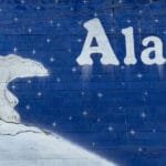 Alaska mural with polar bear and night sky backdrop