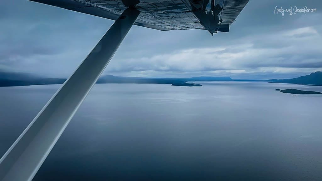 Aerial view of calm lake and islands from seaplane