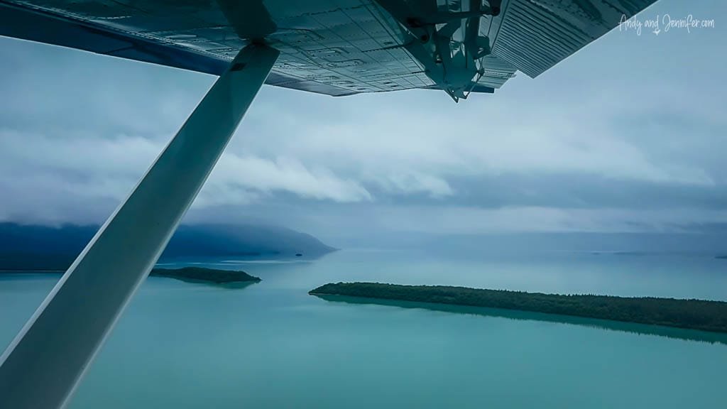 Aerial view of turquoise water and islands from seaplane