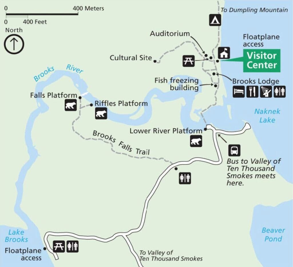 Map of Brooks Camp in Katmai National Park showing trails, platforms, and visitor amenities