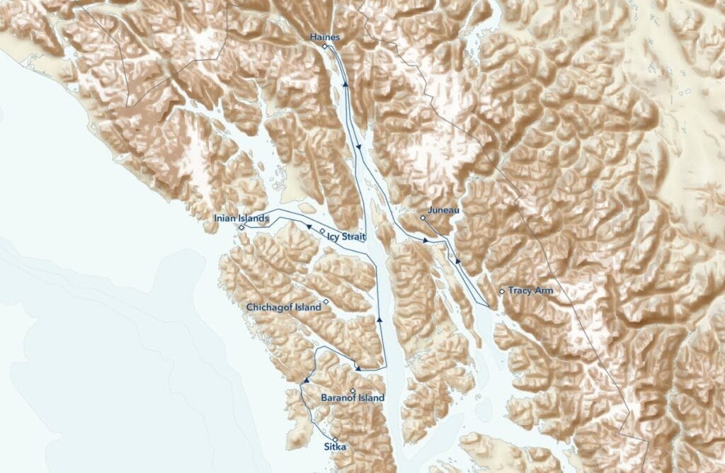 Map of Southeast Alaska showing route through Icy Strait, Juneau, Sitka, and nearby islands