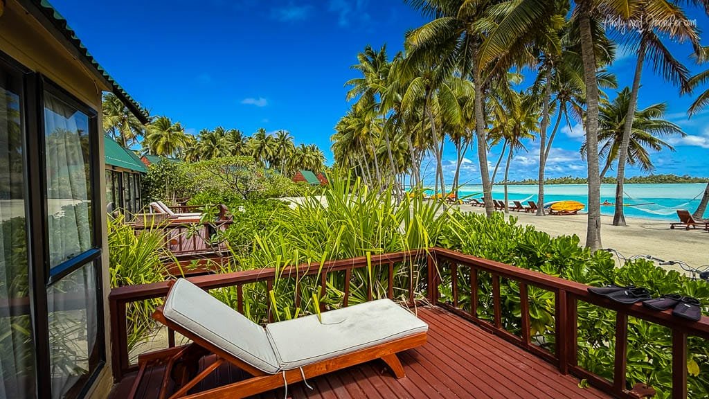 Beachfront deck with lounge chairs and ocean view