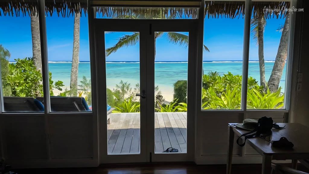 Stunning view from the beachfront bungalow at the Little Polynesian Resort, overlooking the turquoise lagoon.