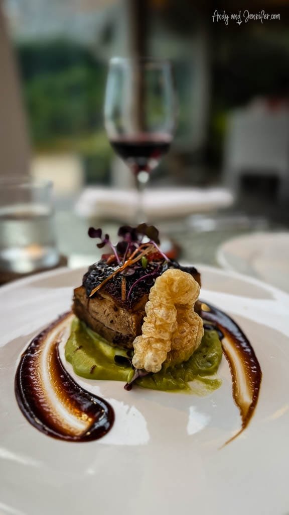 Gourmet plated dish with wine at a fine dining restaurant.
