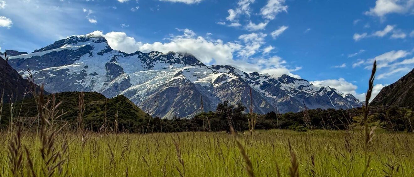 Snowy mountain peaks rising above green valley and grassy field