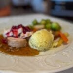 Turkey dinner with cranberry sauce and mashed potatoes
