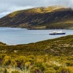 Cruise ship anchored in a calm bay surrounded by green hills