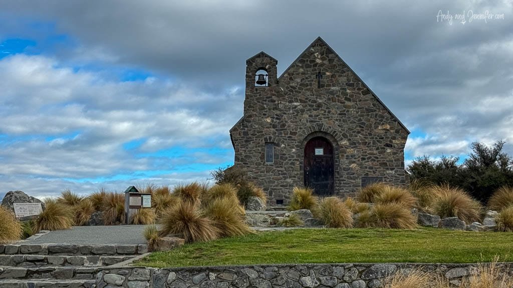 Stone Church of the Good Shepherd under cloudy sky
