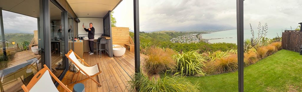 Luxury cabin deck with coastal view and modern seating