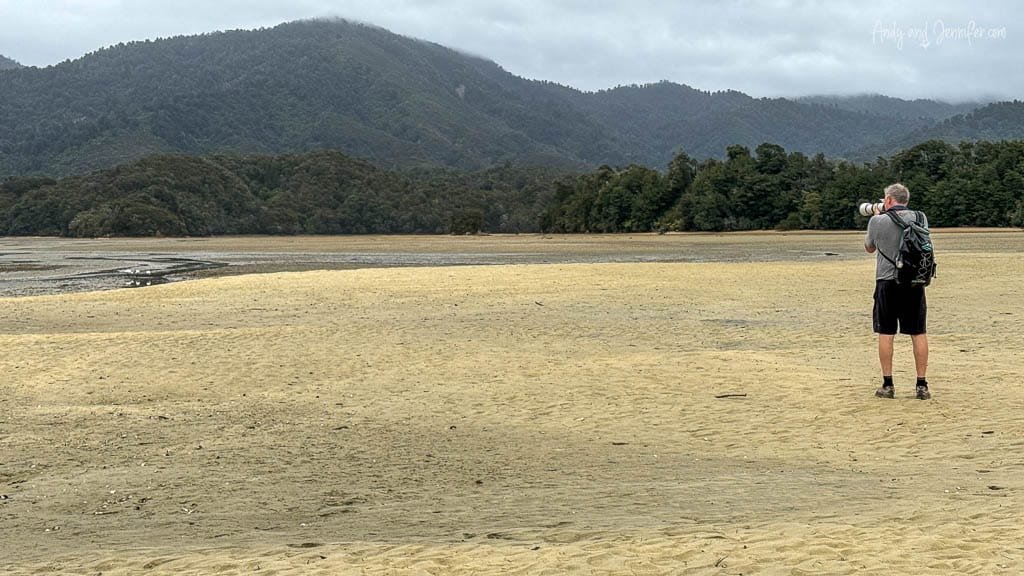 Man photographing birds on coastal sandflat
