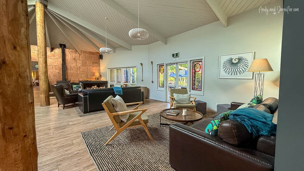 Cozy lodge lounge with modern rustic décor