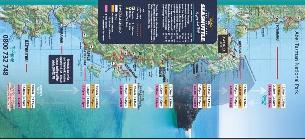 Sea Shuttle map of Abel Tasman National Park