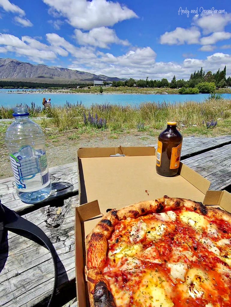 Wood-fired pizza by Lake Tekapo with mountain view