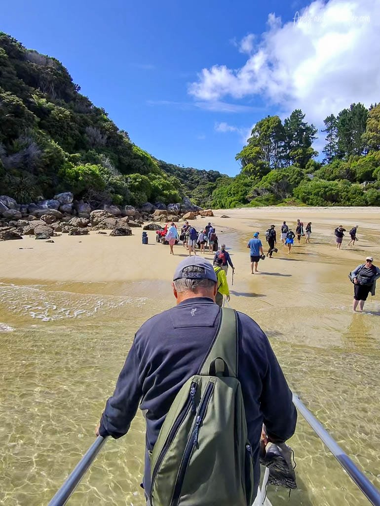 Tourists wading ashore from boat at sandy beach