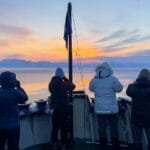 Passengers photographing Arctic sunrise from ship bow