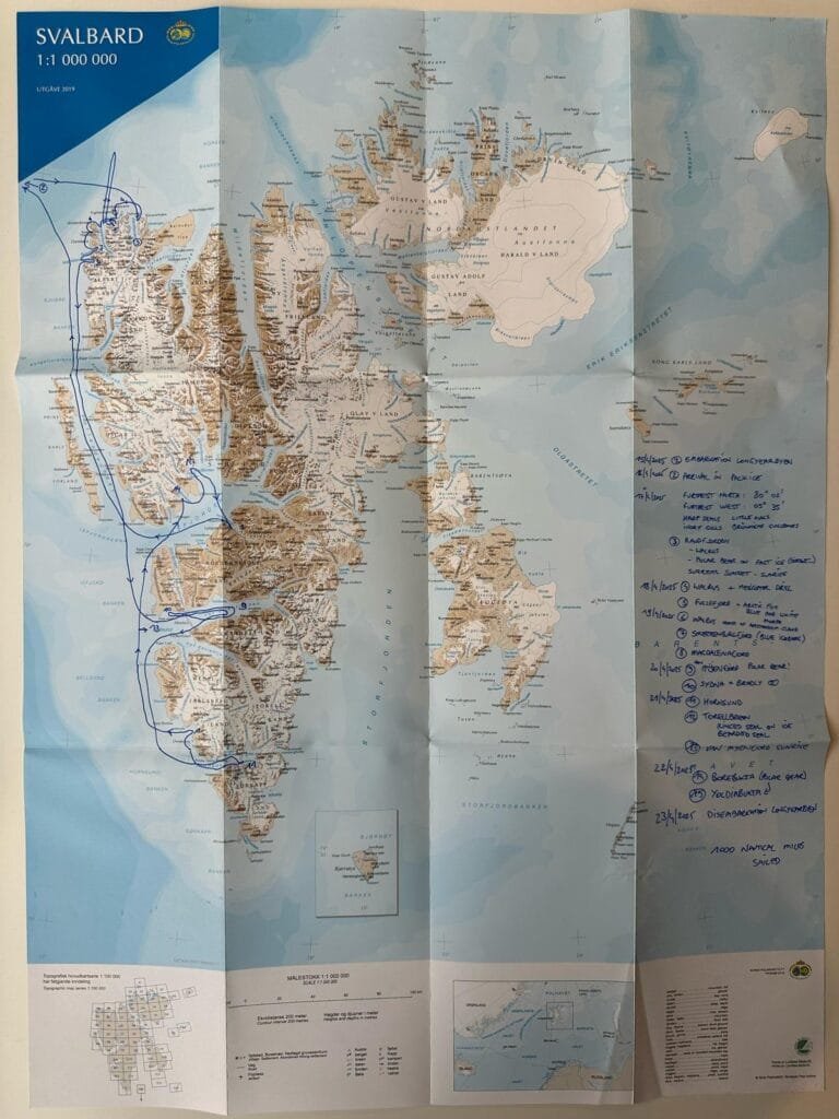 Hand-marked Svalbard map with expedition route and notes