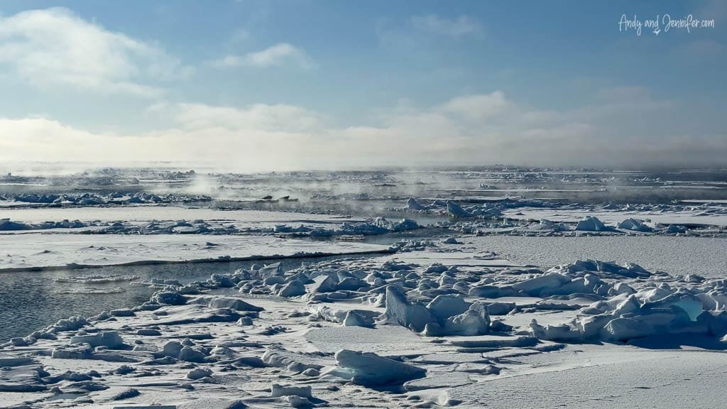Frozen Arctic sea with drifting ice and morning mist