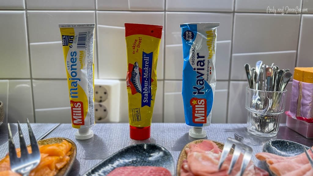 Norwegian mayo, mackerel, and caviar tubes at breakfast buffet