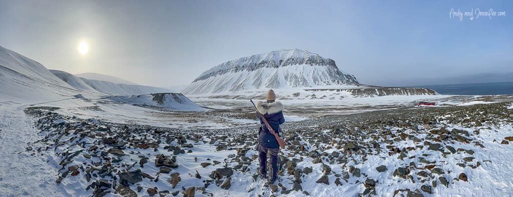 Person with rifle overlooking Arctic valley