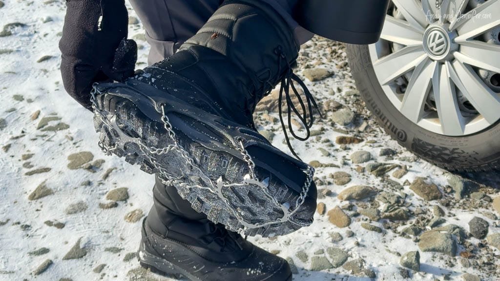 Winter boot with ice cleats for traction on snow