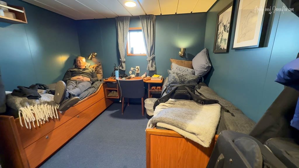 Cozy twin cabin room on Arctic expedition ship
