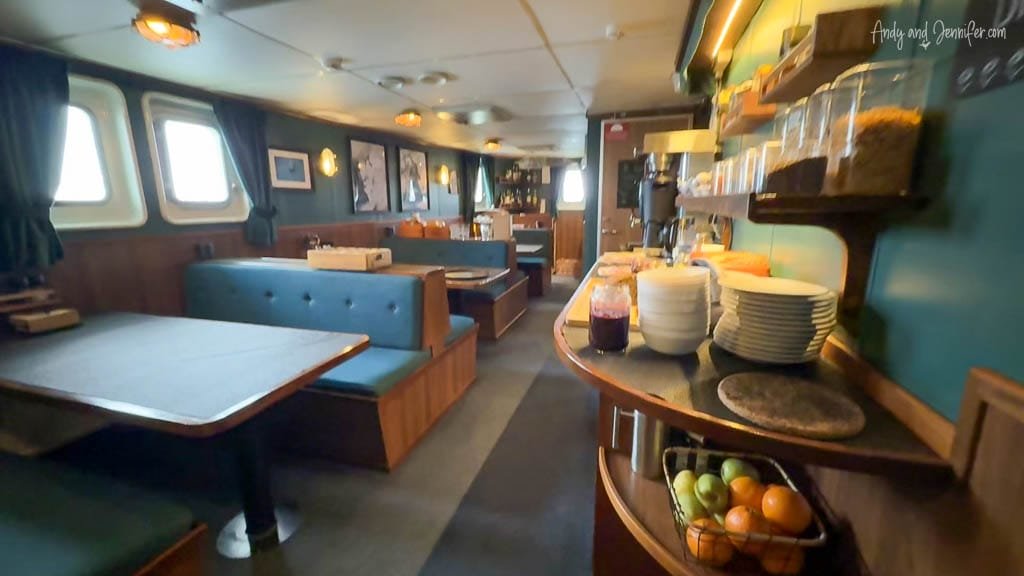 Ship dining area with breakfast setup