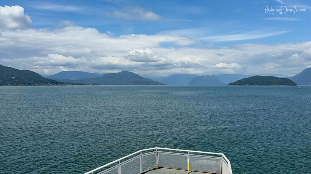 Ocean view from ferry with islands and mountains