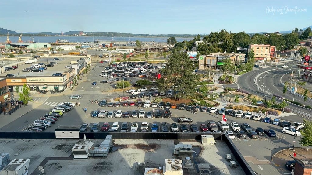 View of Nanaimo city streets, shops, and parking lot