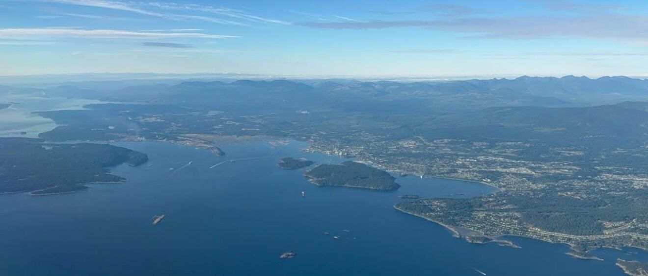 Aerial view of Vancouver Island and coastal landscape