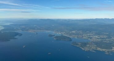 Aerial view of Vancouver Island and coastal landscape