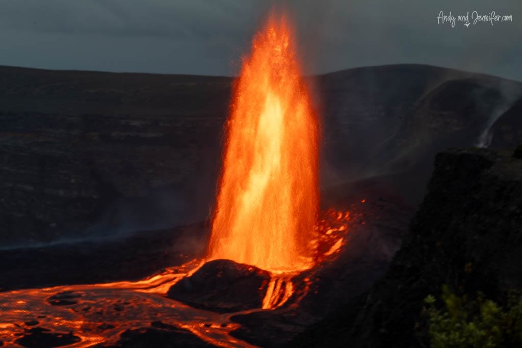 Lava fountain eruption with glowing lava flows