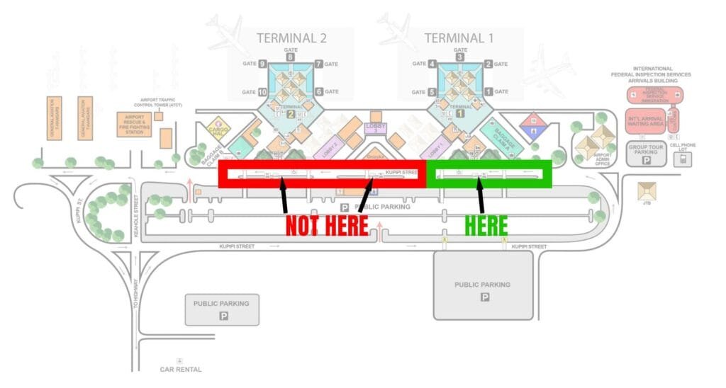 Kona airport map showing correct pickup zone in green
