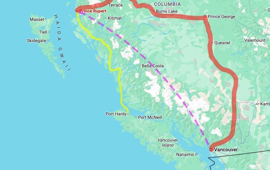Map of the Pacific Northwest showing three routes connecting Vancouver to Prince Rupert