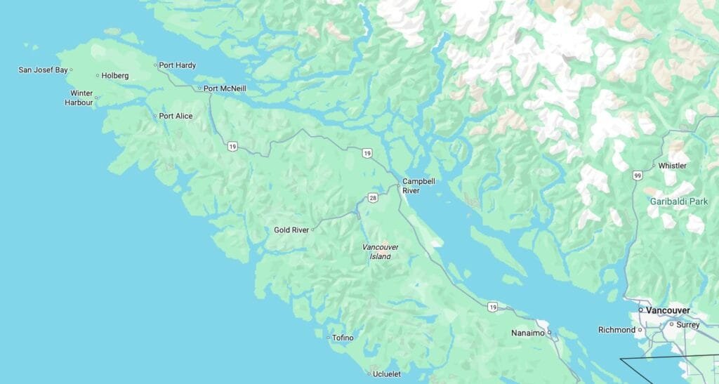 Map showing Vancouver Island and surrounding coastal region of British Columbia