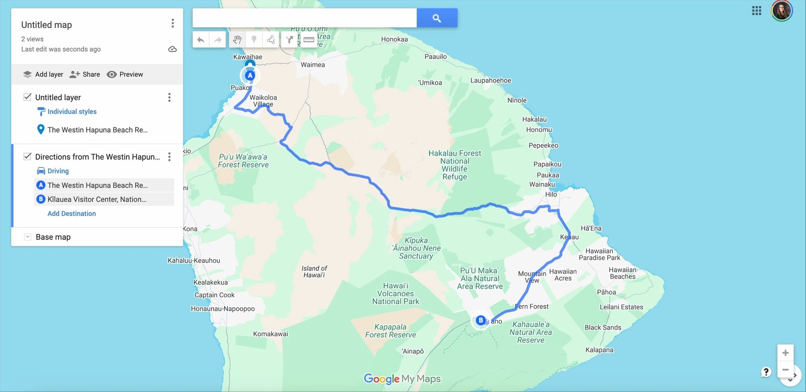 Driving route from Westin Hapuna to Kīlauea Visitor Center