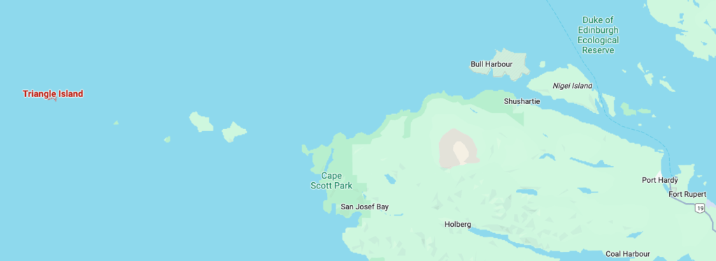 Map showing Triangle Island off the northwest tip of Vancouver Island, near Cape Scott Park and San Josef Bay.