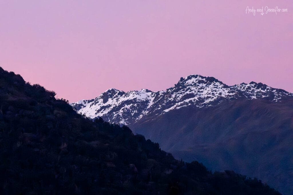 Mountain silhouette at dusk with pink sky, Southern Alps, New Zealand