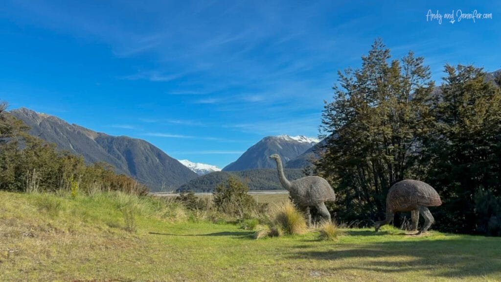 Moa sculptures in alpine landscape near Arthur’s Pass, South Island, New Zealand
