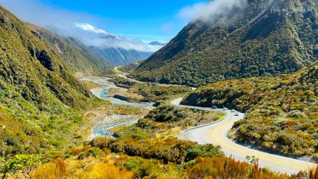 Winding river through alpine valley near Arthur’s Pass, South Island, New Zealand